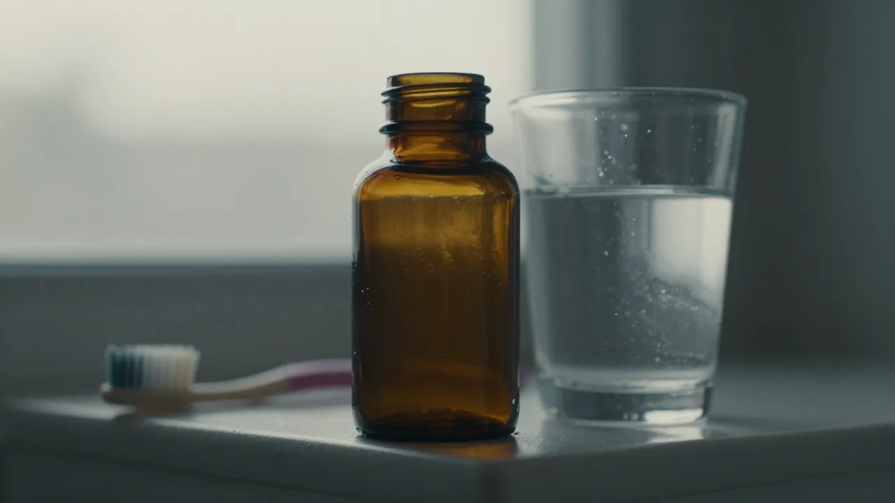 Unlabelled amber supplement bottle and a glass of water on a bathroom shelf in early morning light