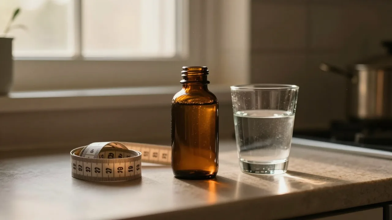 Amber glass supplement bottle on a kitchen counter at dawn beside a folded tape measure