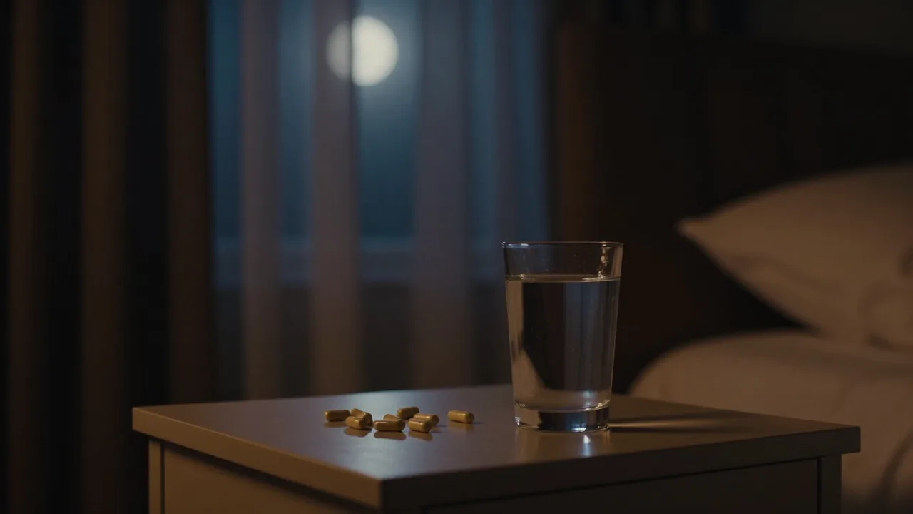 Nighttime bedroom scene with water glass and supplement capsules