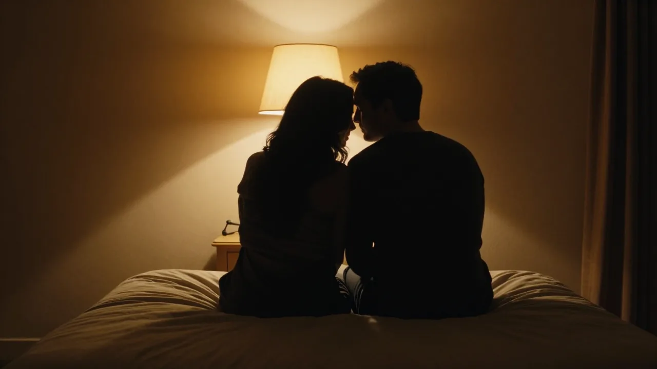 Cinematic bedroom scene with soft lamps and two unrecognizable silhouettes