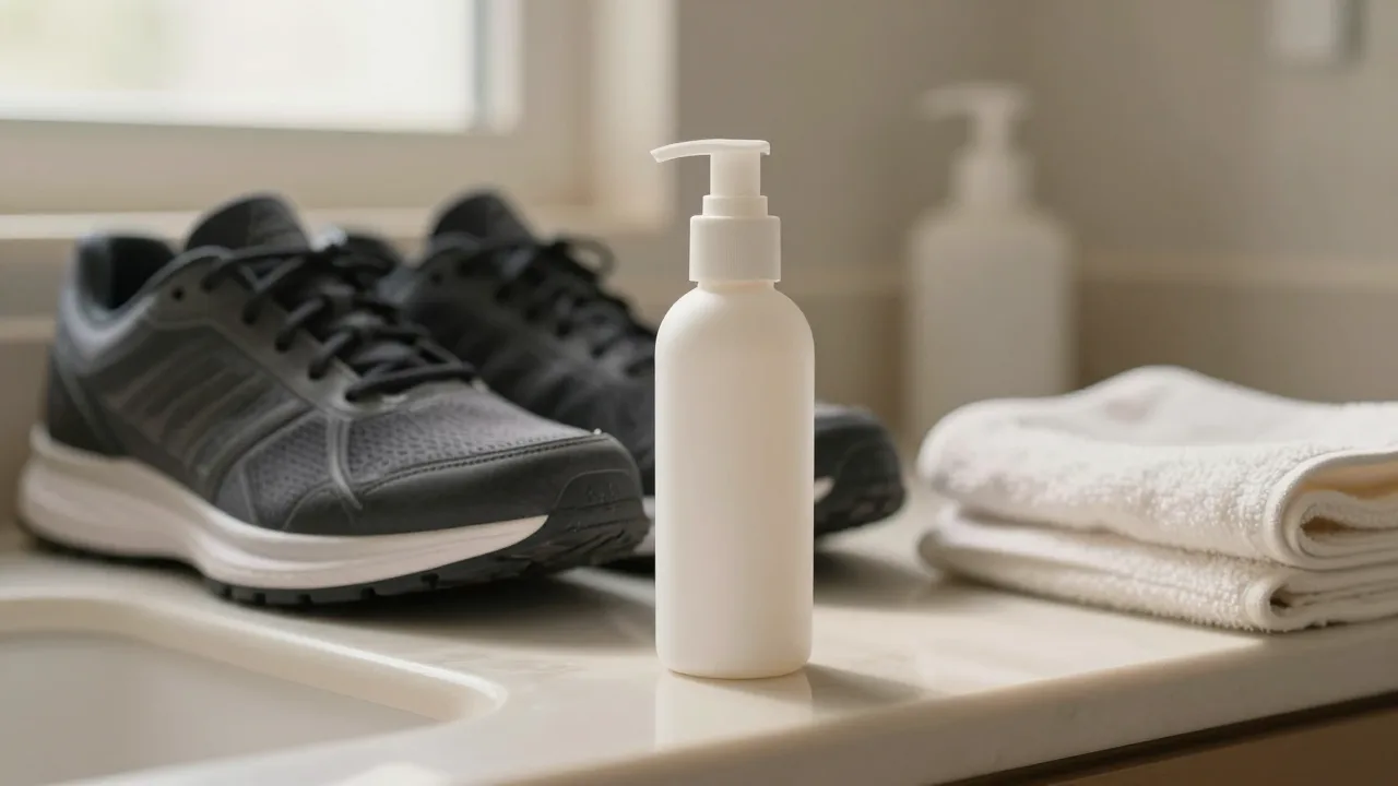Roll-on bottle beside athletic shoes and a folded towel