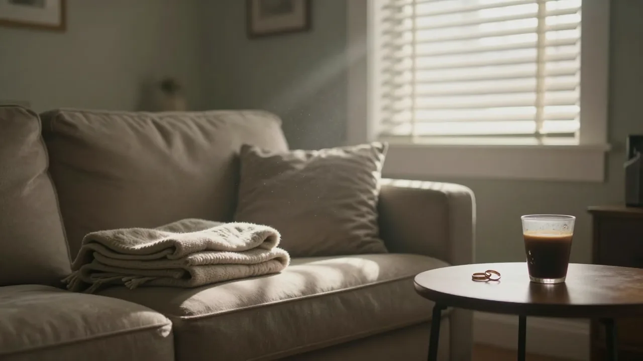 Folded blanket and a single pillow left on a living room couch at dawn