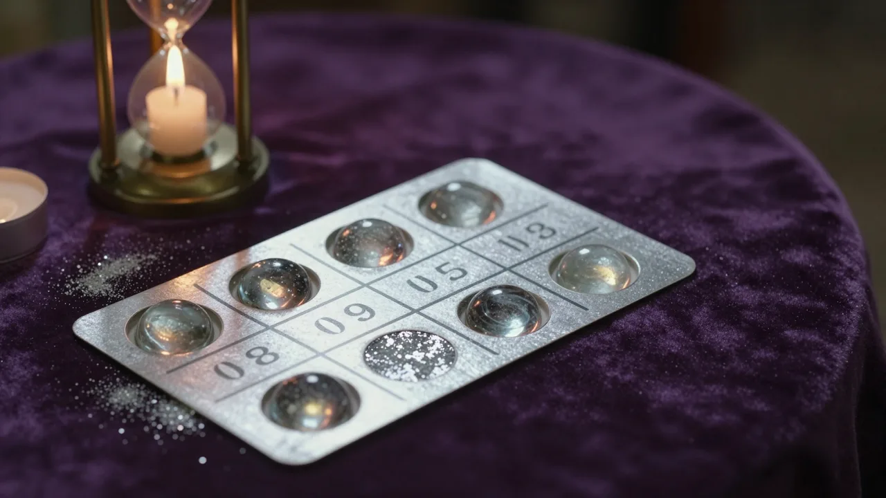 Silver scratch-off card showing rows of crystal balls on a dark velvet table lit by candlelight