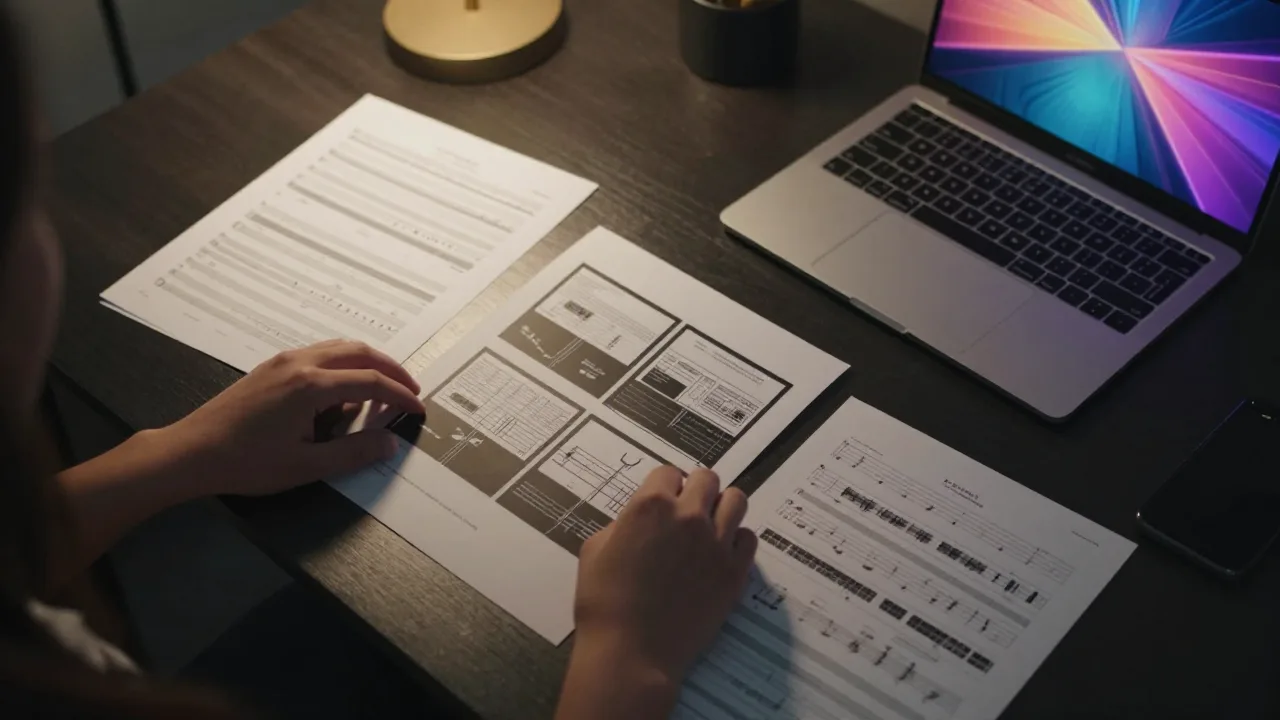 Hands arranging AI-created brand assets on a dark desk