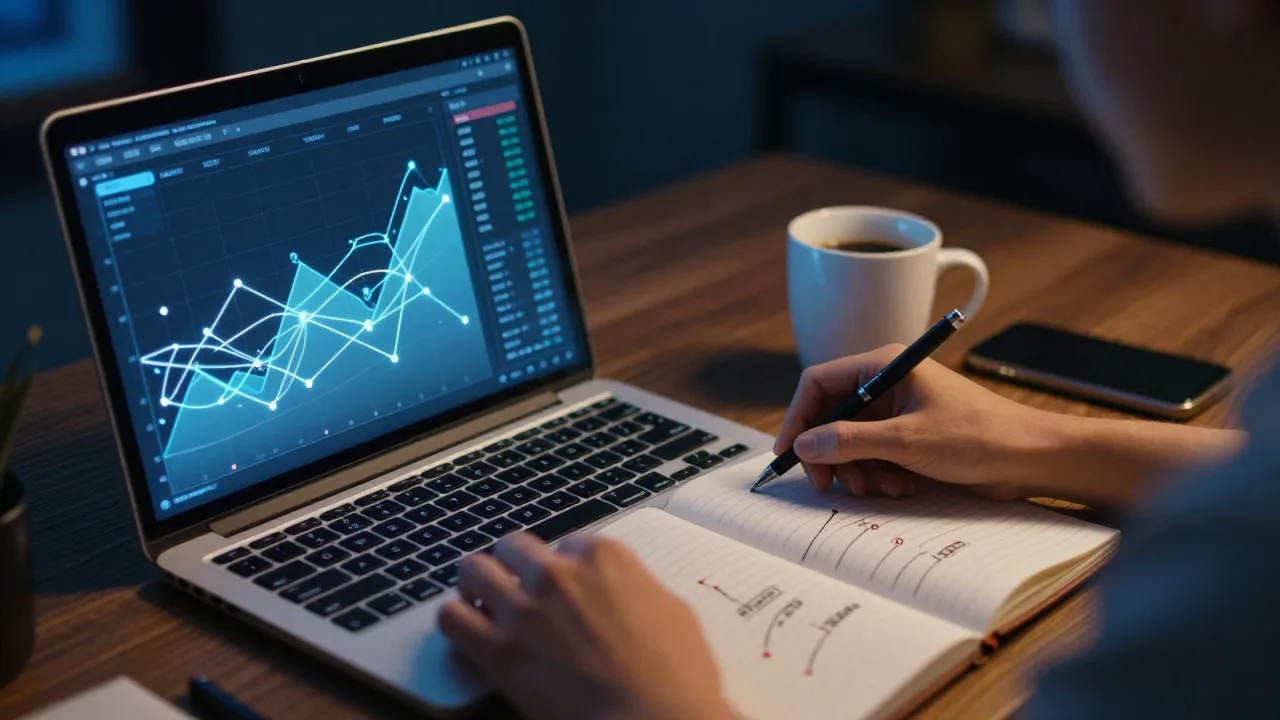Laptop, notebook and glowing marketing dashboard in a dark workspace