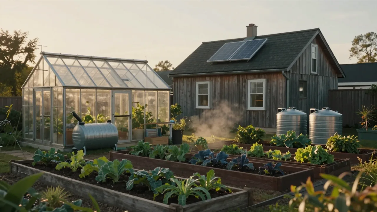 Small backyard homestead at dawn with a lean-to greenhouse, rain barrels and raised vegetable beds