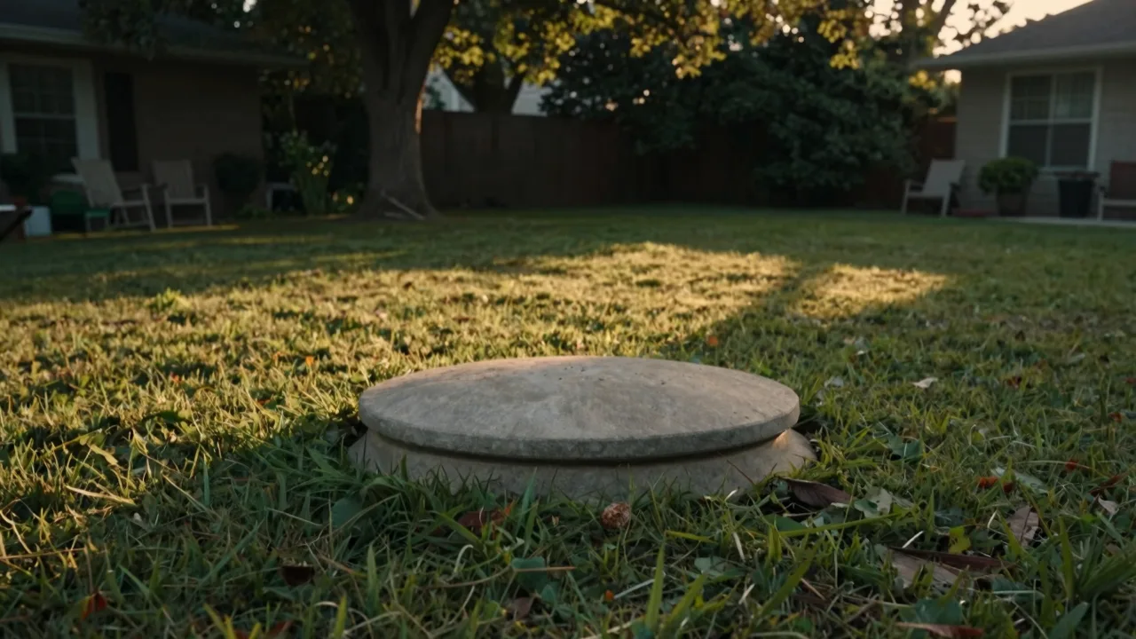 A quiet suburban backyard lawn at dusk with a plain round septic tank cover set into the grass
