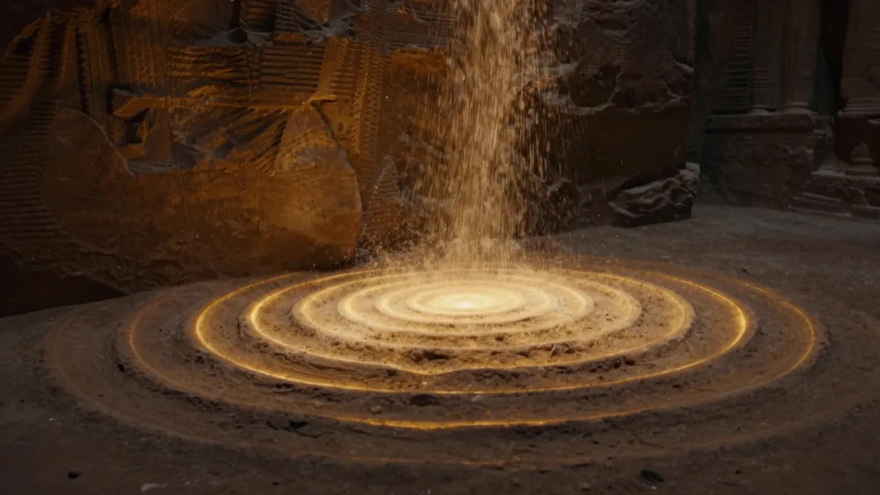 Golden sound waves rippling across dark carved Egyptian stone in a lamplit chamber