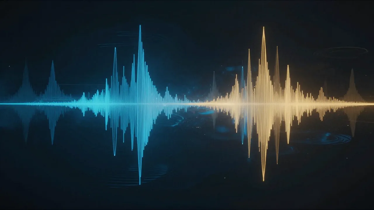 Abstract glowing sound waves in a dark cinematic space