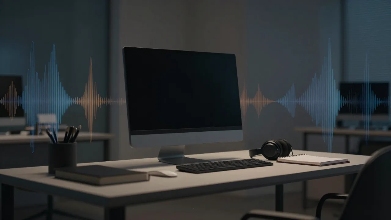 Abstract nighttime desk with headphones and soft blue sound waves