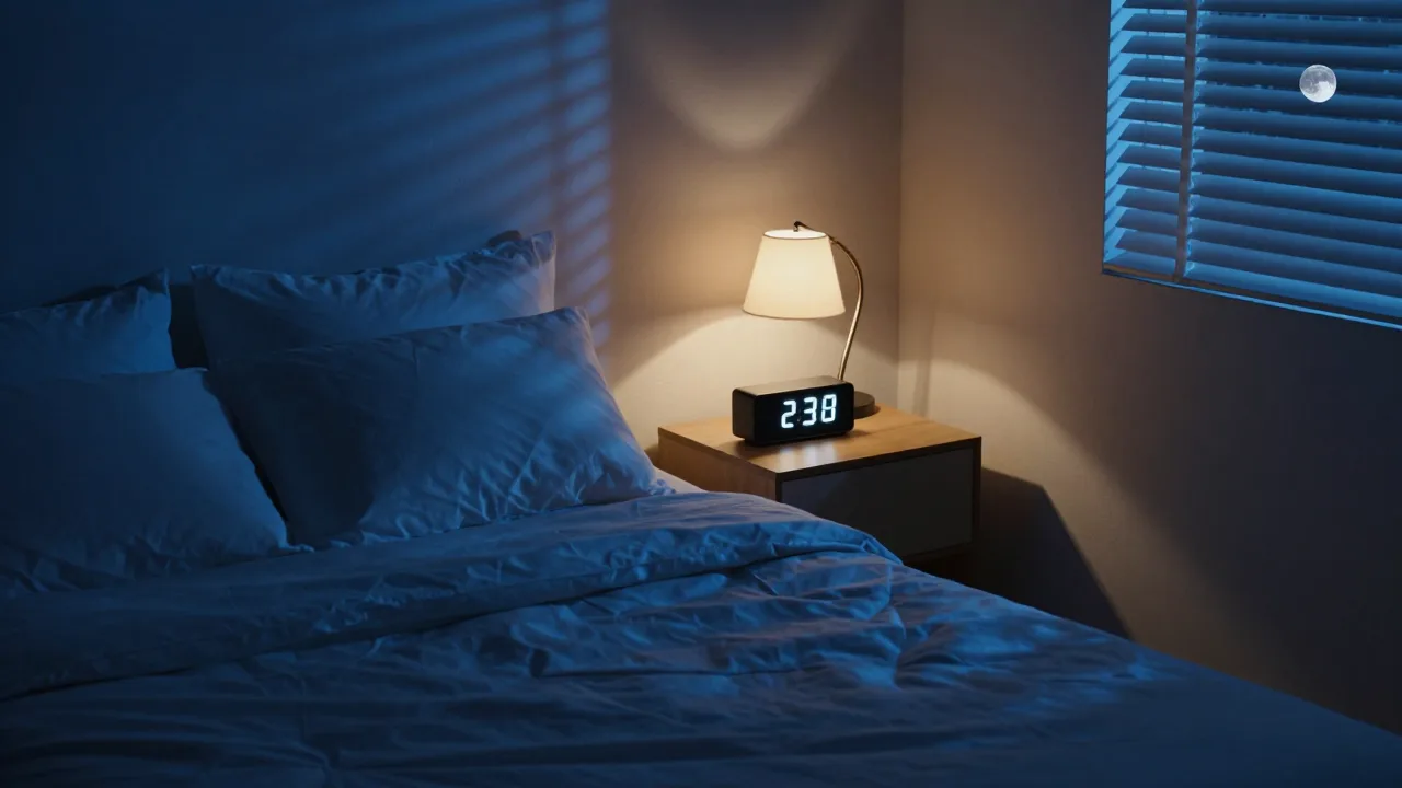 A dim bedroom at night with a glowing alarm clock and soft moonlight