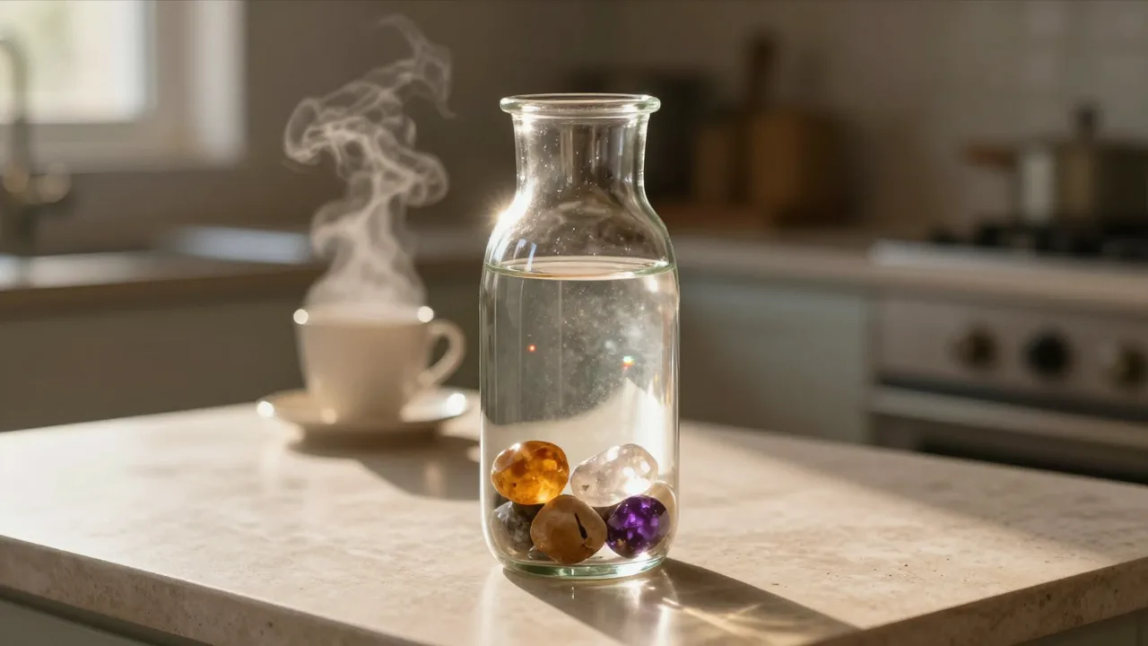 Glass water bottle with coloured natural crystals inside, standing on a kitchen counter in morning light