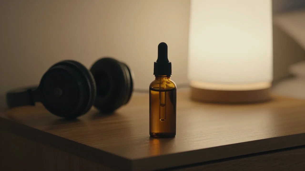 Quiet evening with headphones beside a SonoVive-style dropper bottle