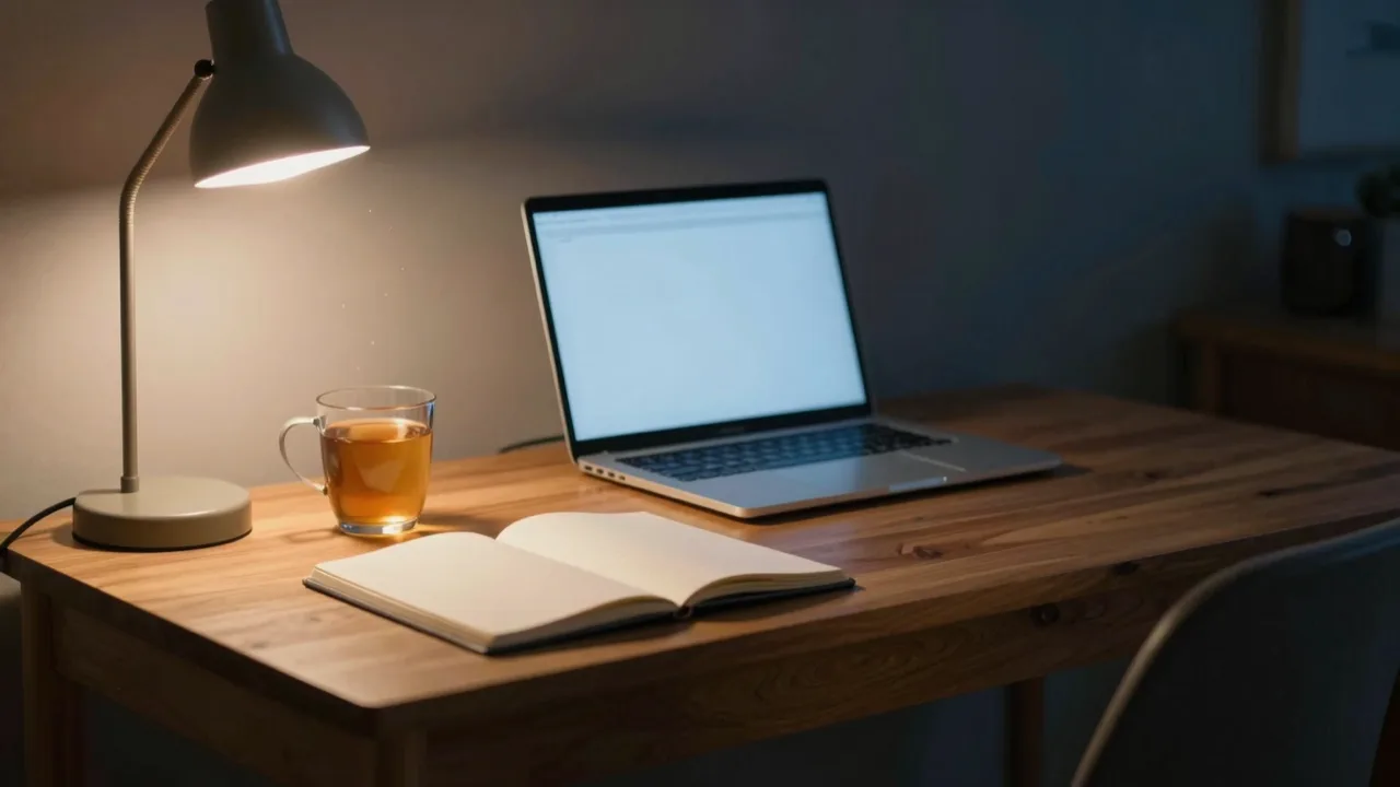 A lamp lit desk at night with a blank notebook and a glowing laptop screen, no people in frame
