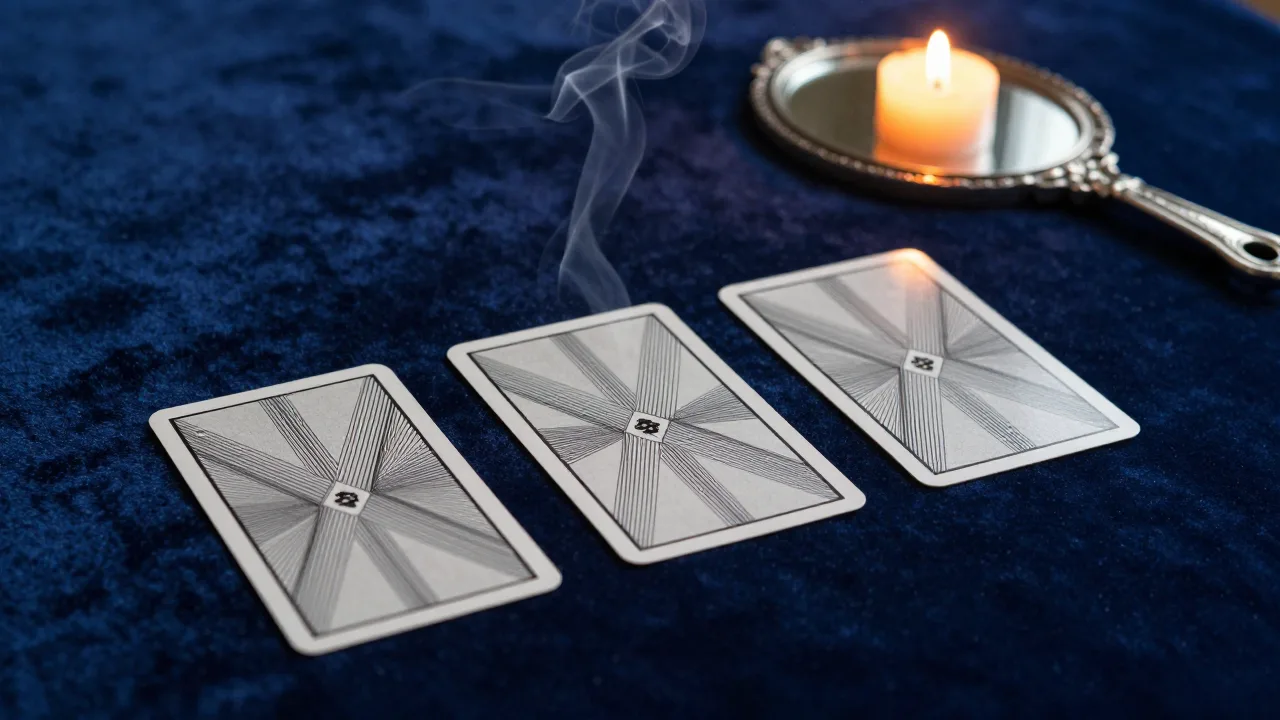 Three face-down tarot cards in a row on dark cloth beside an antique hand mirror
