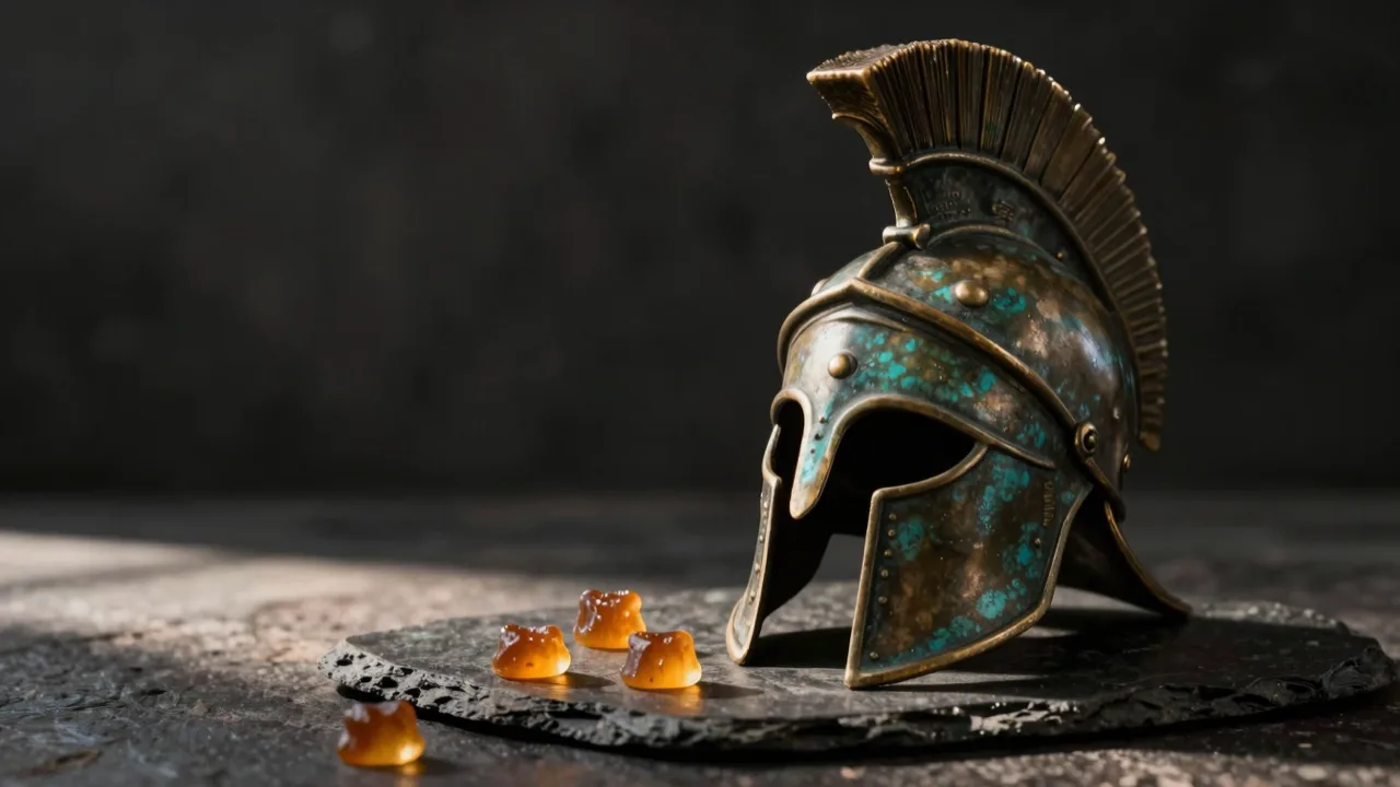 Bronze Spartan helmet resting on dark stone beside a scattering of amber gummies