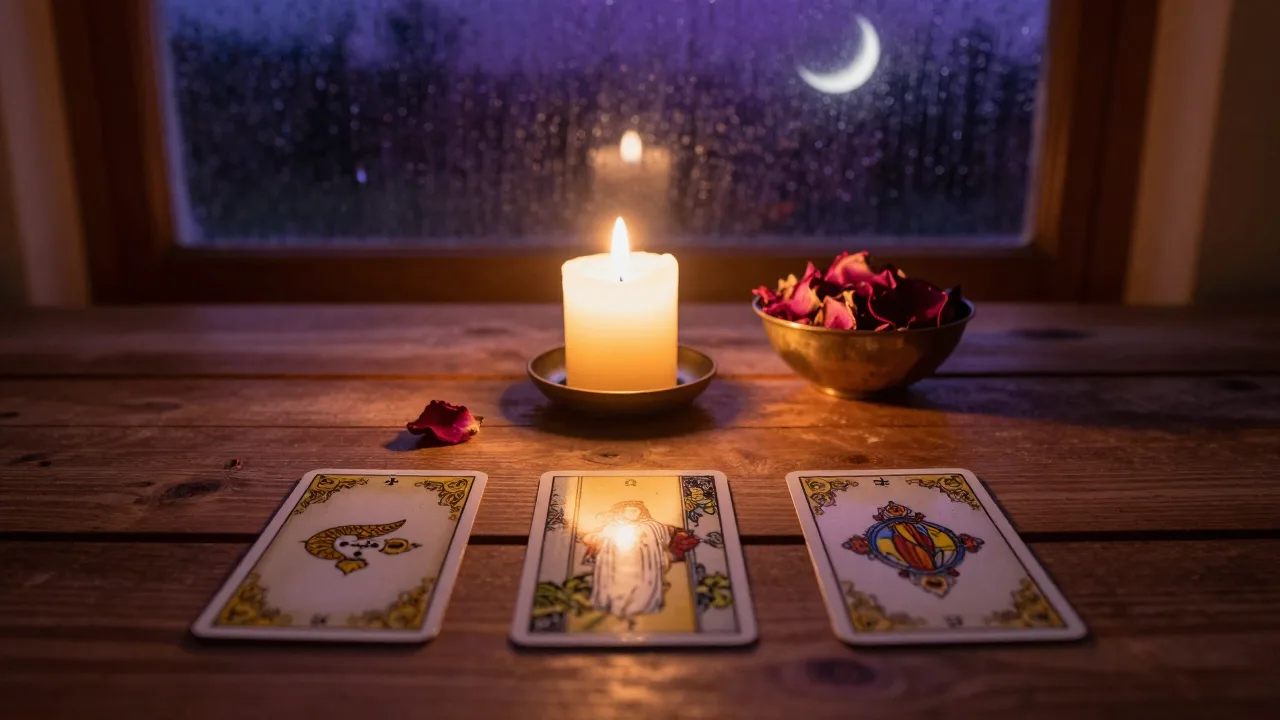 Three face-down tarot cards on a candlelit wooden table at night