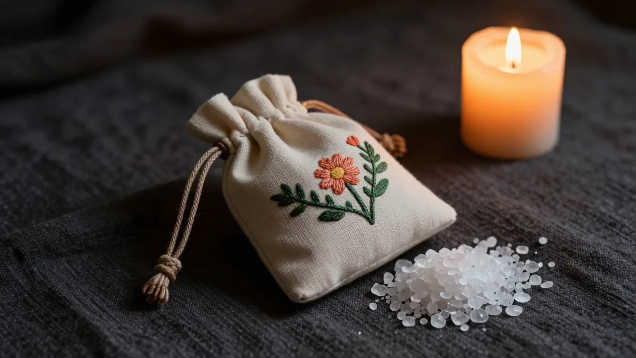 Embroidered pouch of salt crystals in warm candlelight