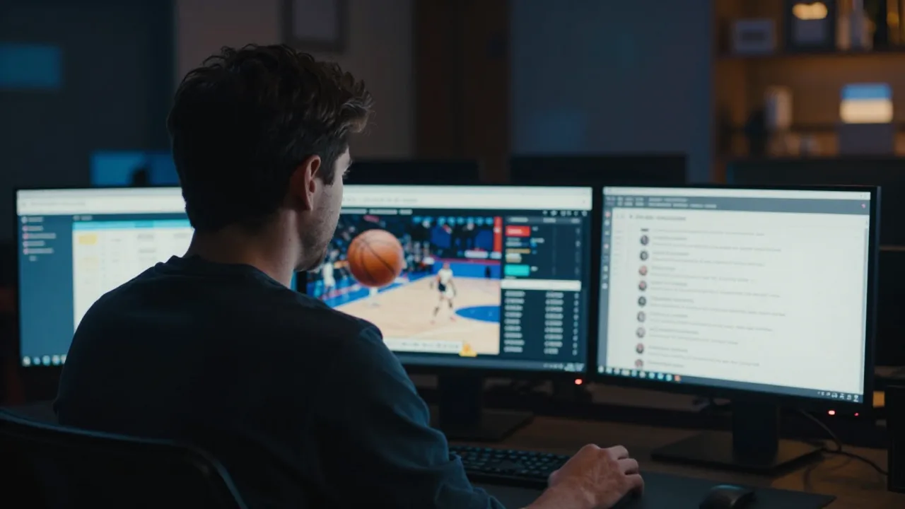 Anonymous sports bettor studying basketball, hockey and football data screens