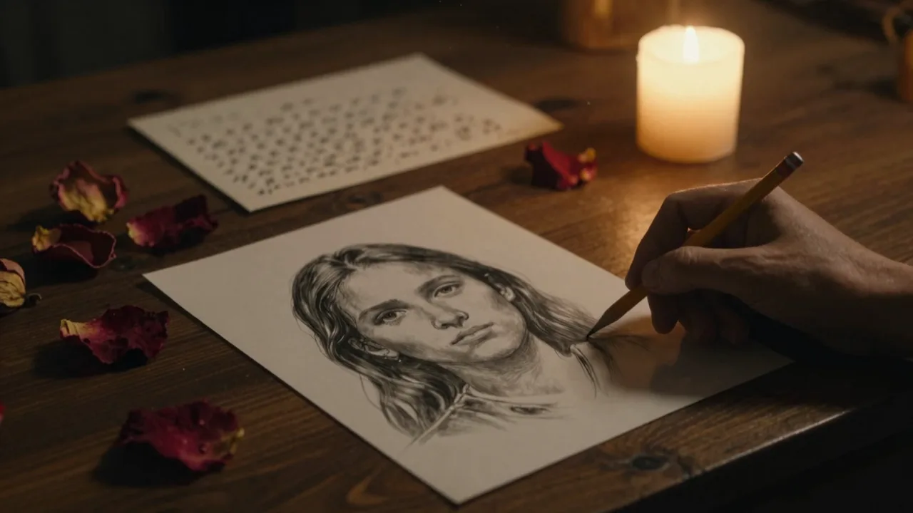 A hand drawn pencil portrait lying face down on a candlelit desk beside a folded letter