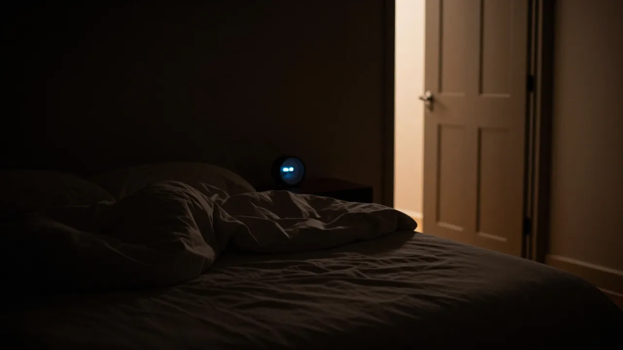 Dark bedroom at night with an empty rumpled bed and a glowing bedside clock