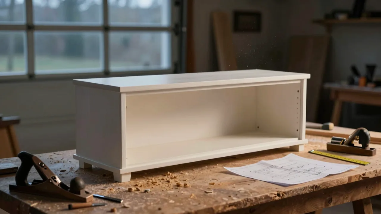 Half built wooden cabinet on a workbench beside a folded paper plan and a tape measure