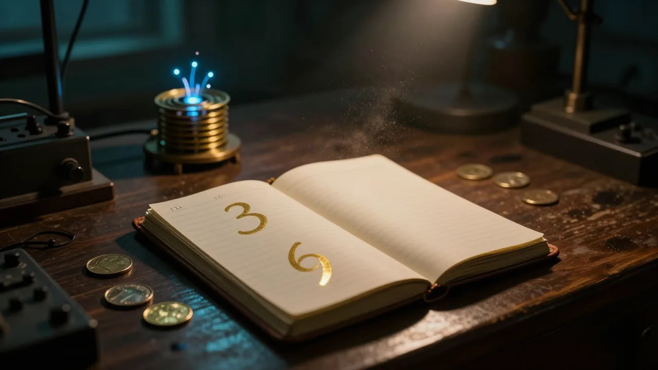 Vintage lab desk at night with a notebook showing the numbers 3, 6 and 9 beside a softly sparking coil