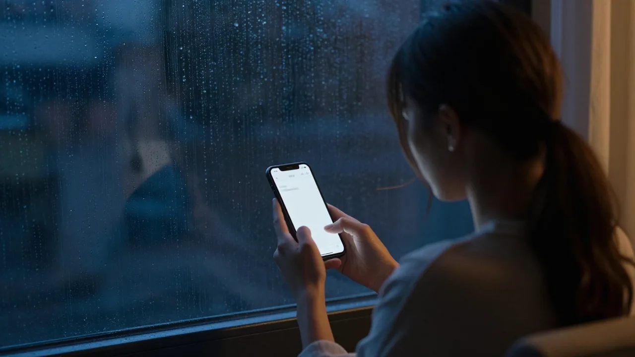 Woman holding a phone beside an unread message at night