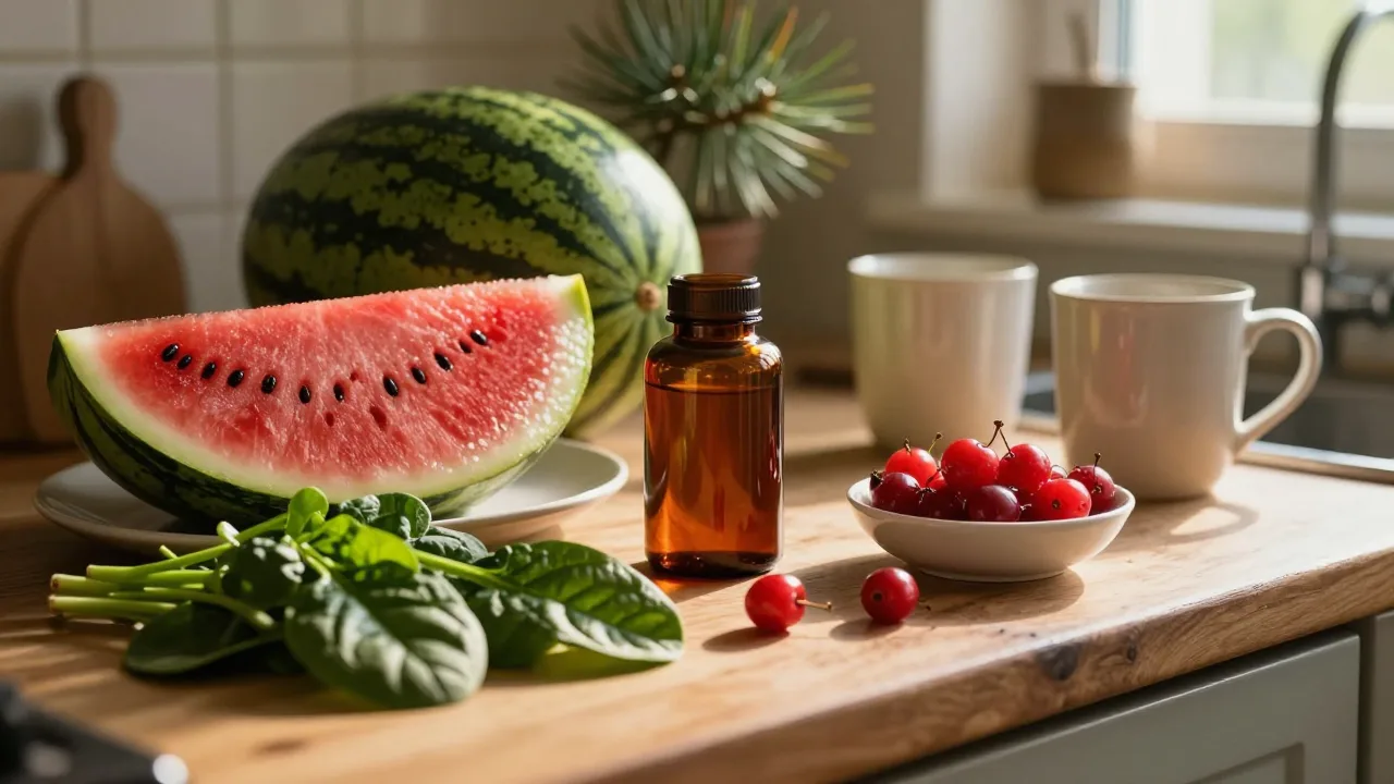 Sliced watermelon, fresh spinach and red cherries beside a plain amber bottle on a sunlit kitchen counter