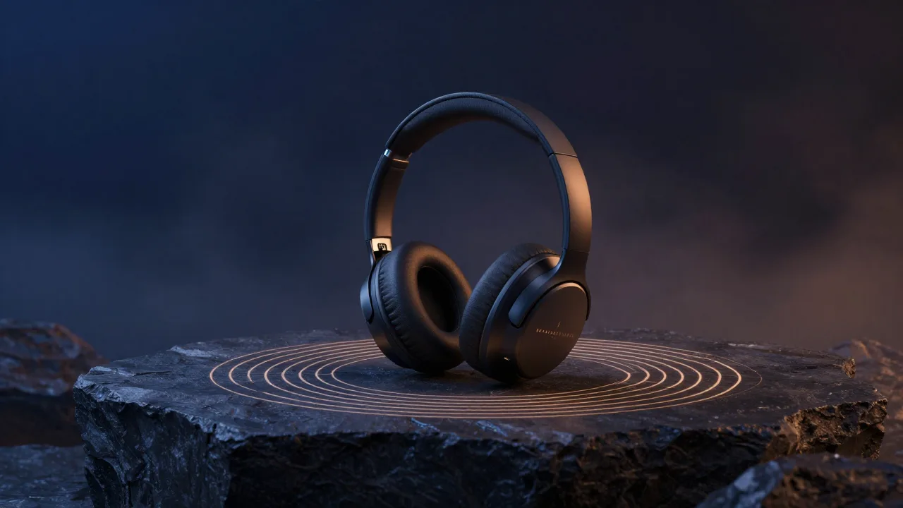 Headphones beside a glowing geometric sound pattern