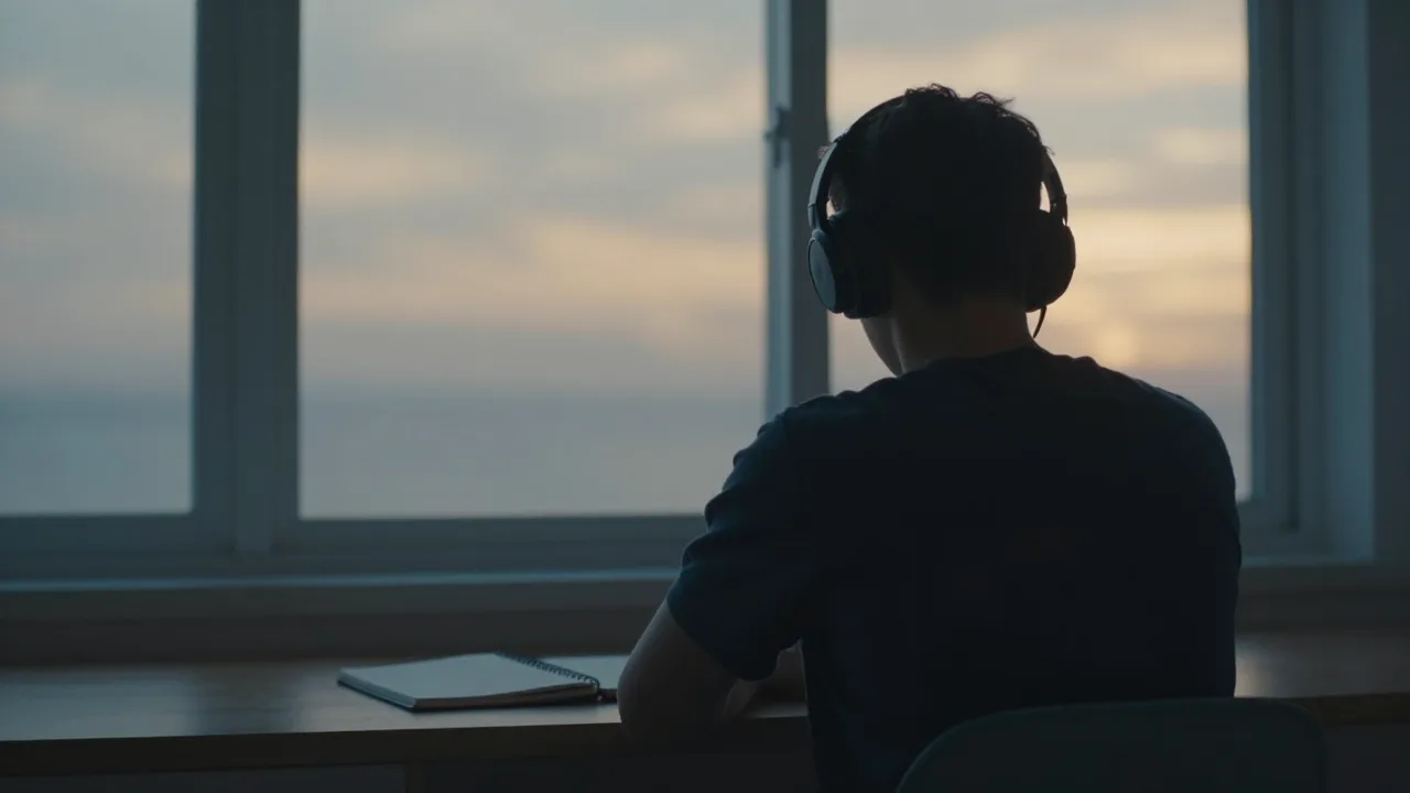 Person listening to calming audio in a dark room