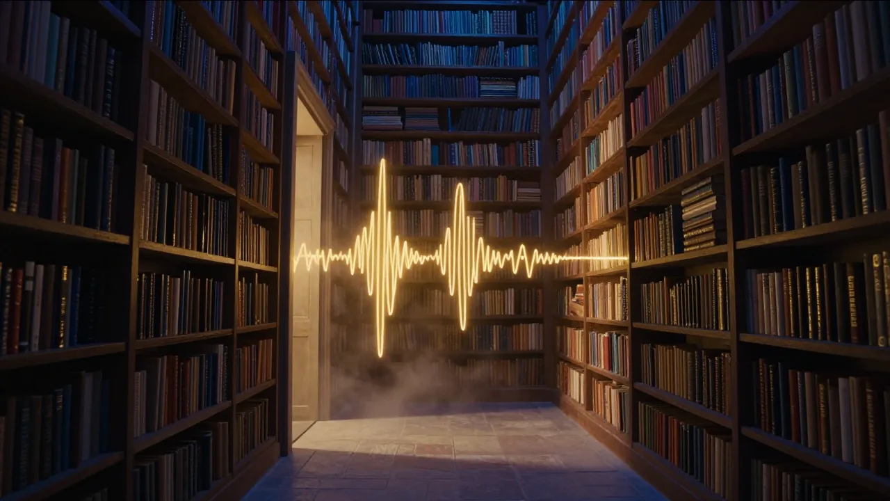 Ancient library corridor with glowing sound waves and golden light