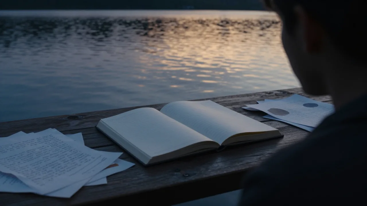 Open notebook beside a glowing path through dark water