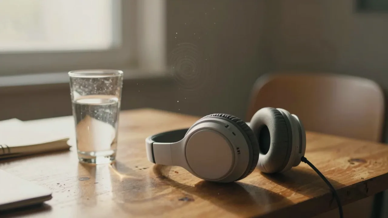 Plain over ear headphones resting on a worn wooden desk in early morning light