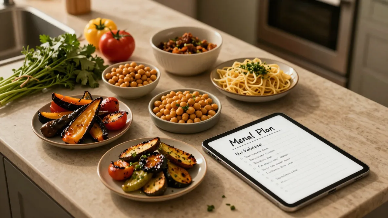 Plant-based dinner ingredients on a warmly lit kitchen counter
