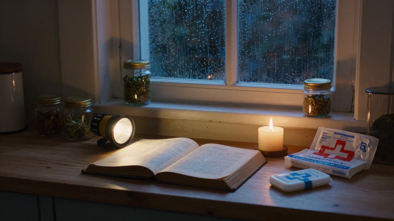 Emergency supplies and an open remedies book by candlelight