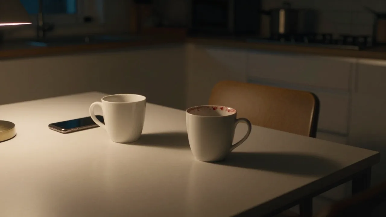 Two coffee cups on a kitchen table late at night, one untouched, a phone lying face down beside them