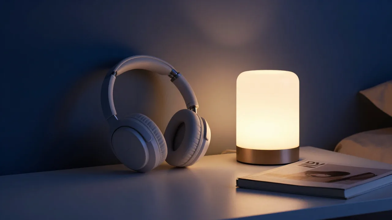 Headphones beside a softly lit bedside table