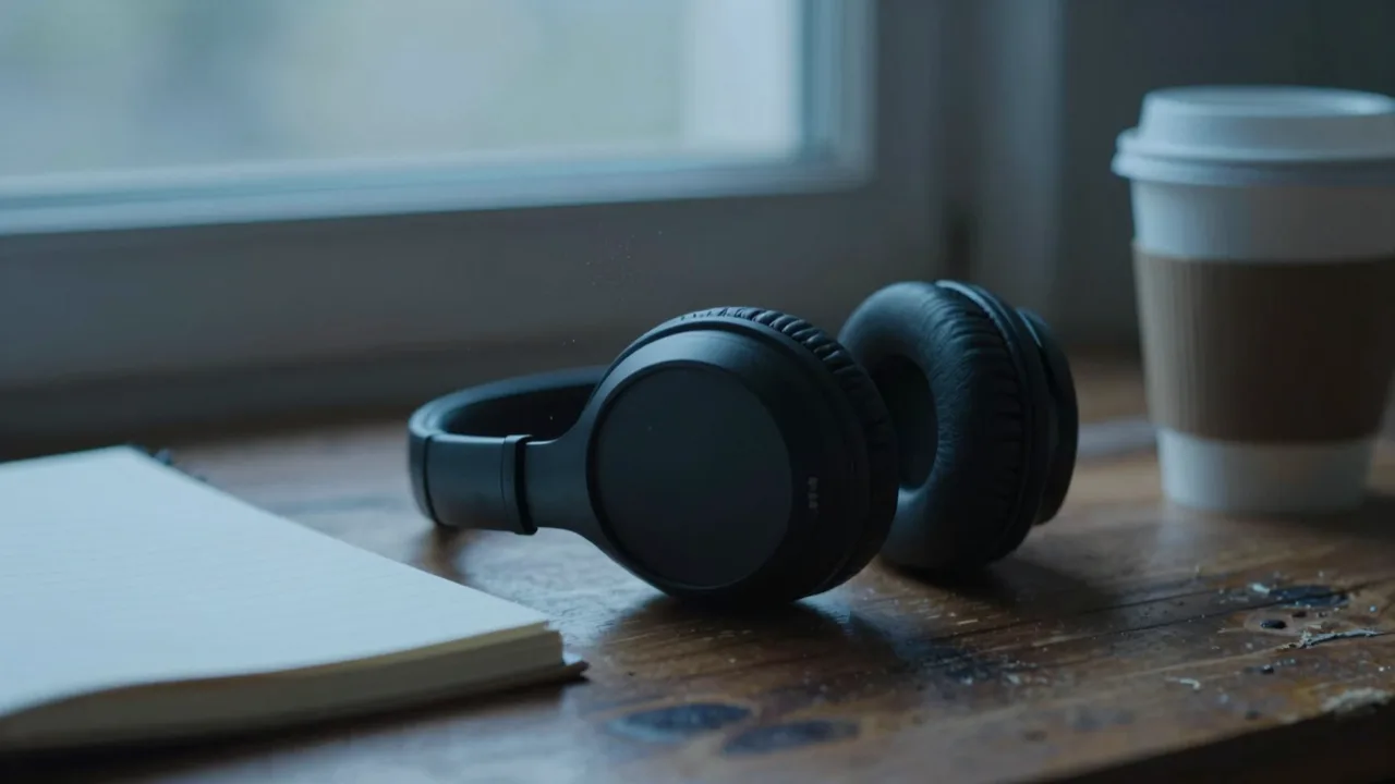 Over ear headphones resting on a wooden desk beside a closed notebook in early morning light