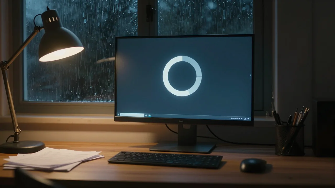 Empty desk at night with a dark screen showing a blank loading circle
