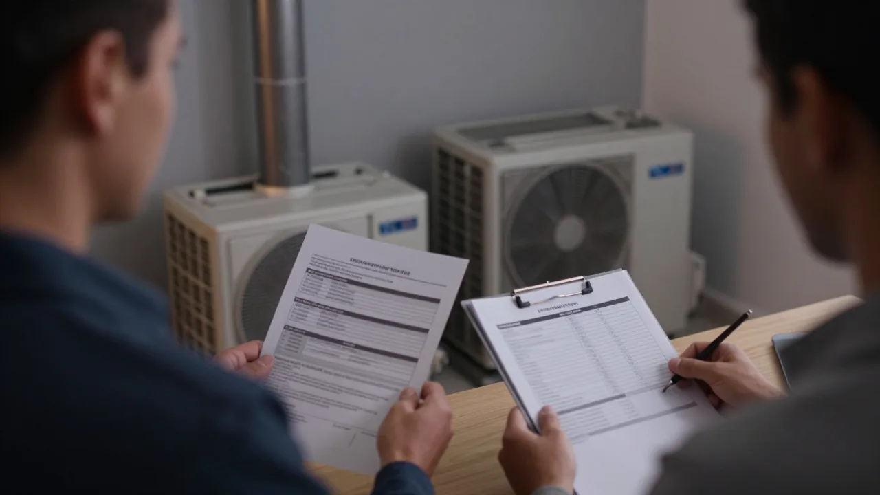 Homeowner reviewing furnace service paperwork beside an HVAC unit