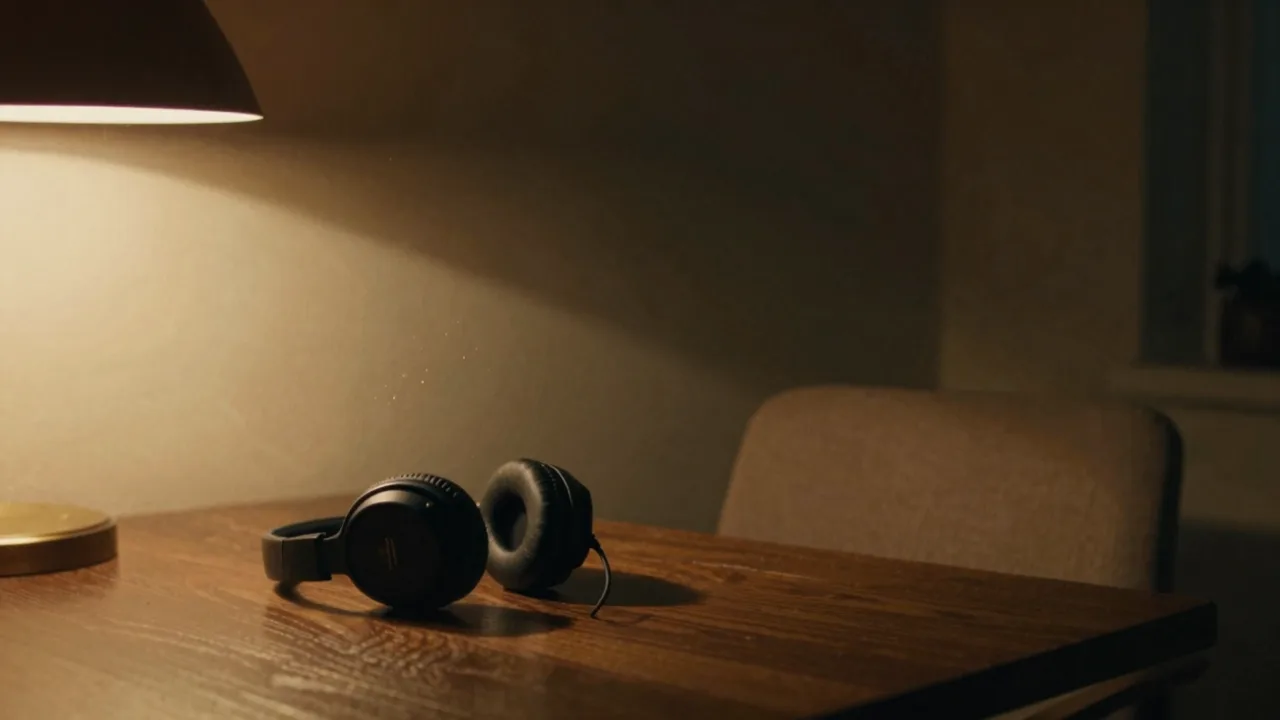 Over ear headphones resting on a dark table beside a single warm lamp at night