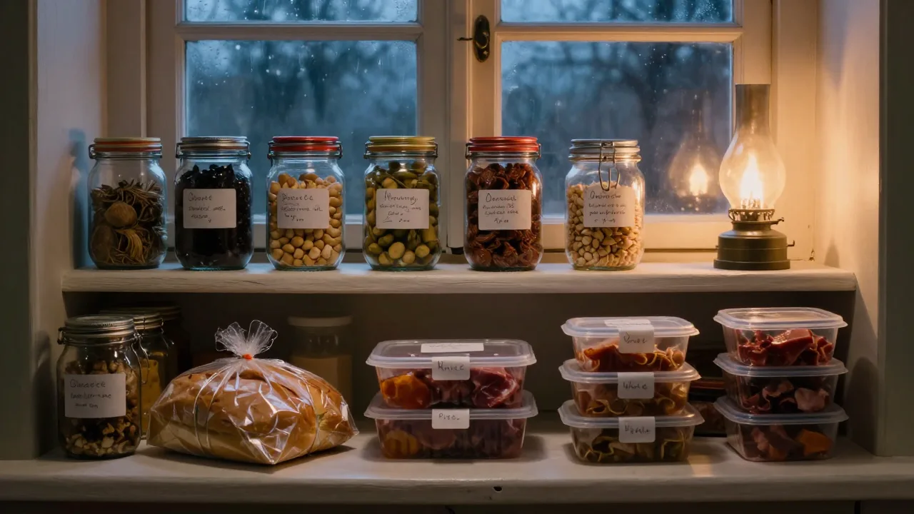 Shelf-stable foods arranged in a dark pantry beside an oil lamp