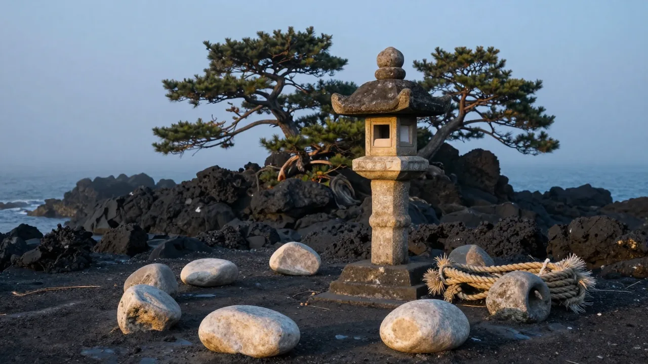 Stone shrine lantern on a misty Japanese island shore at dawn