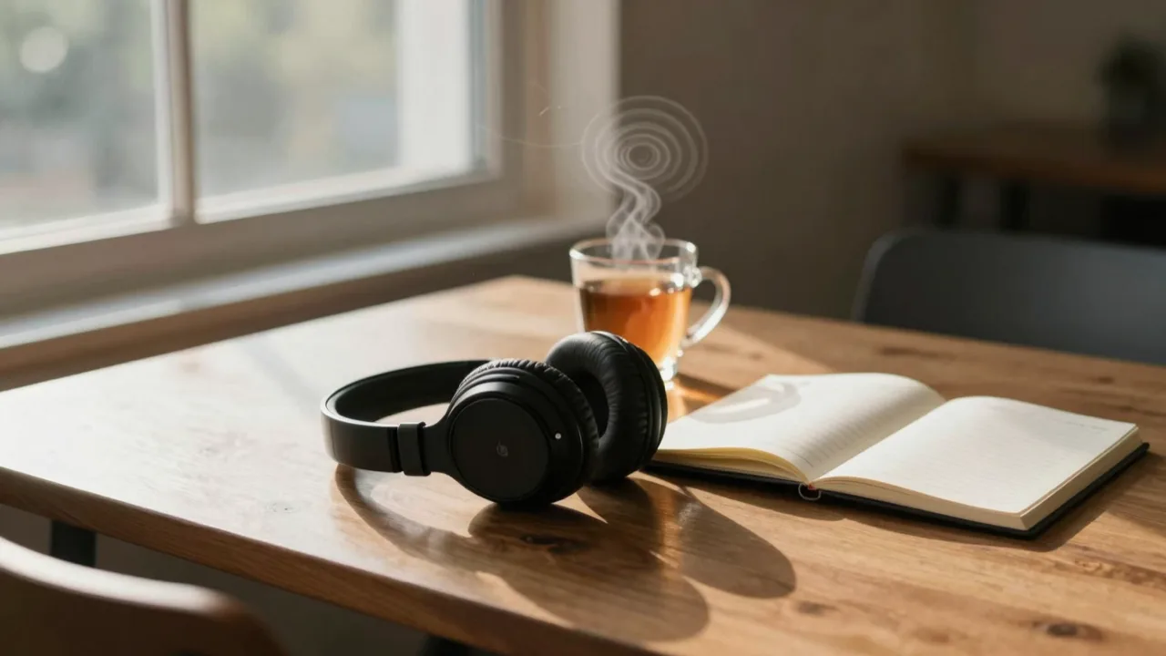 Headphones resting on a wooden table beside a window at dawn, empty room, soft light