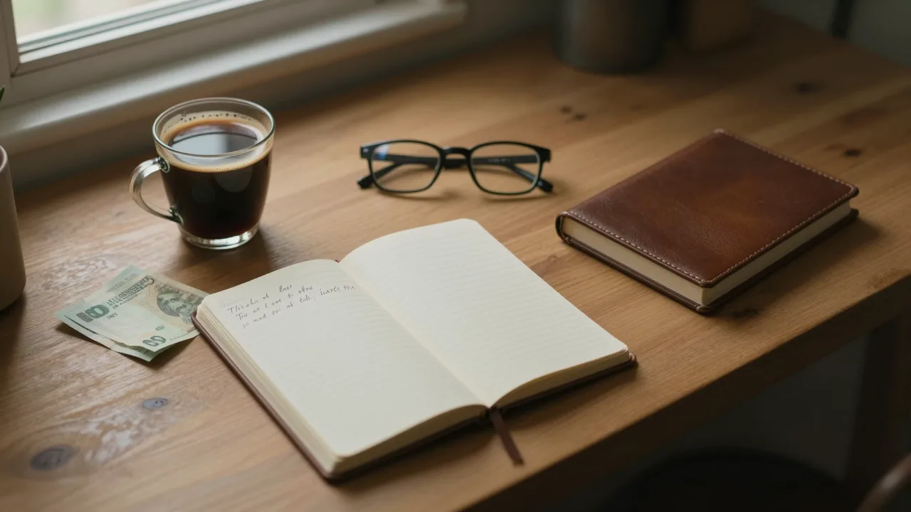 Open notebook, a cold cup of coffee and a folded banknote on a kitchen table at dawn