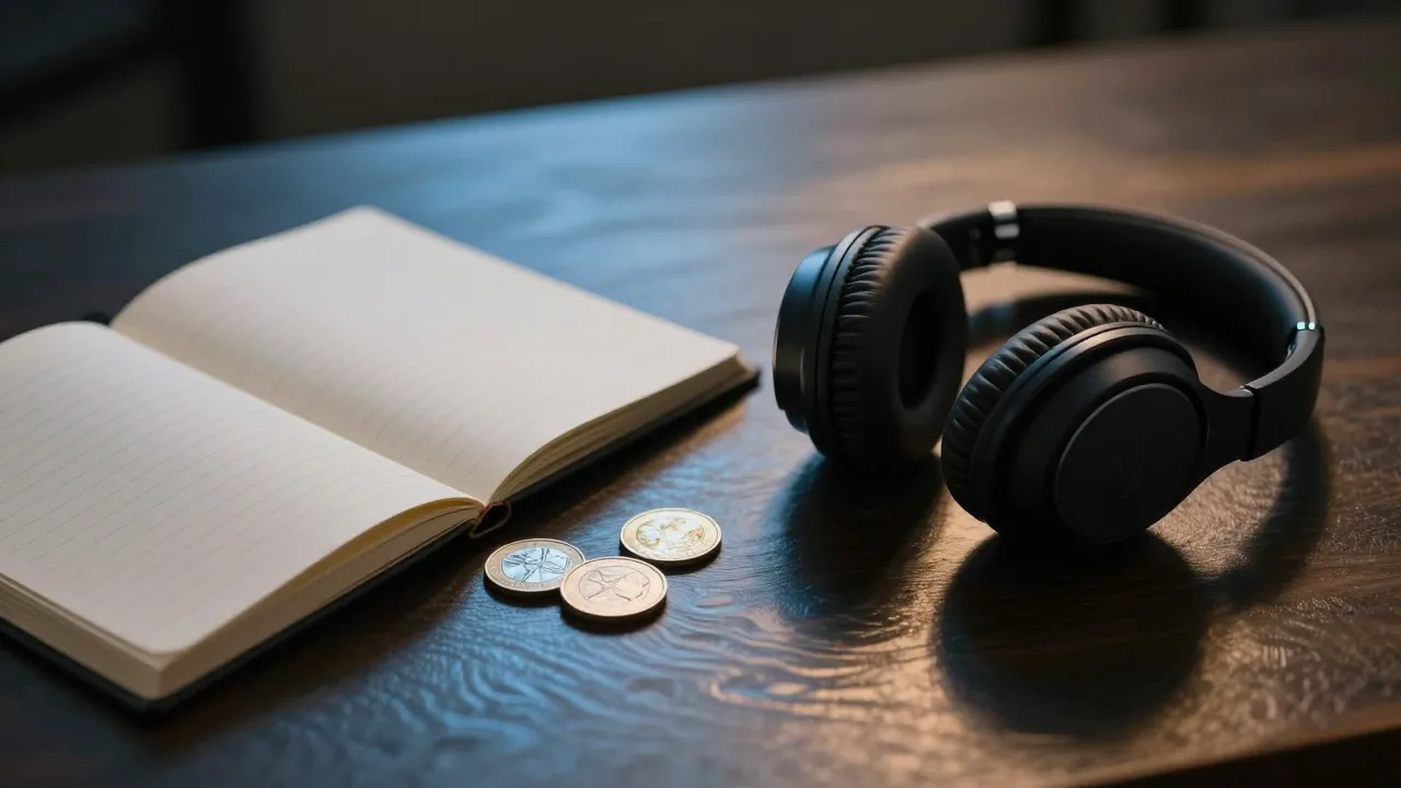 Headphones beside a glowing notebook and scattered coins