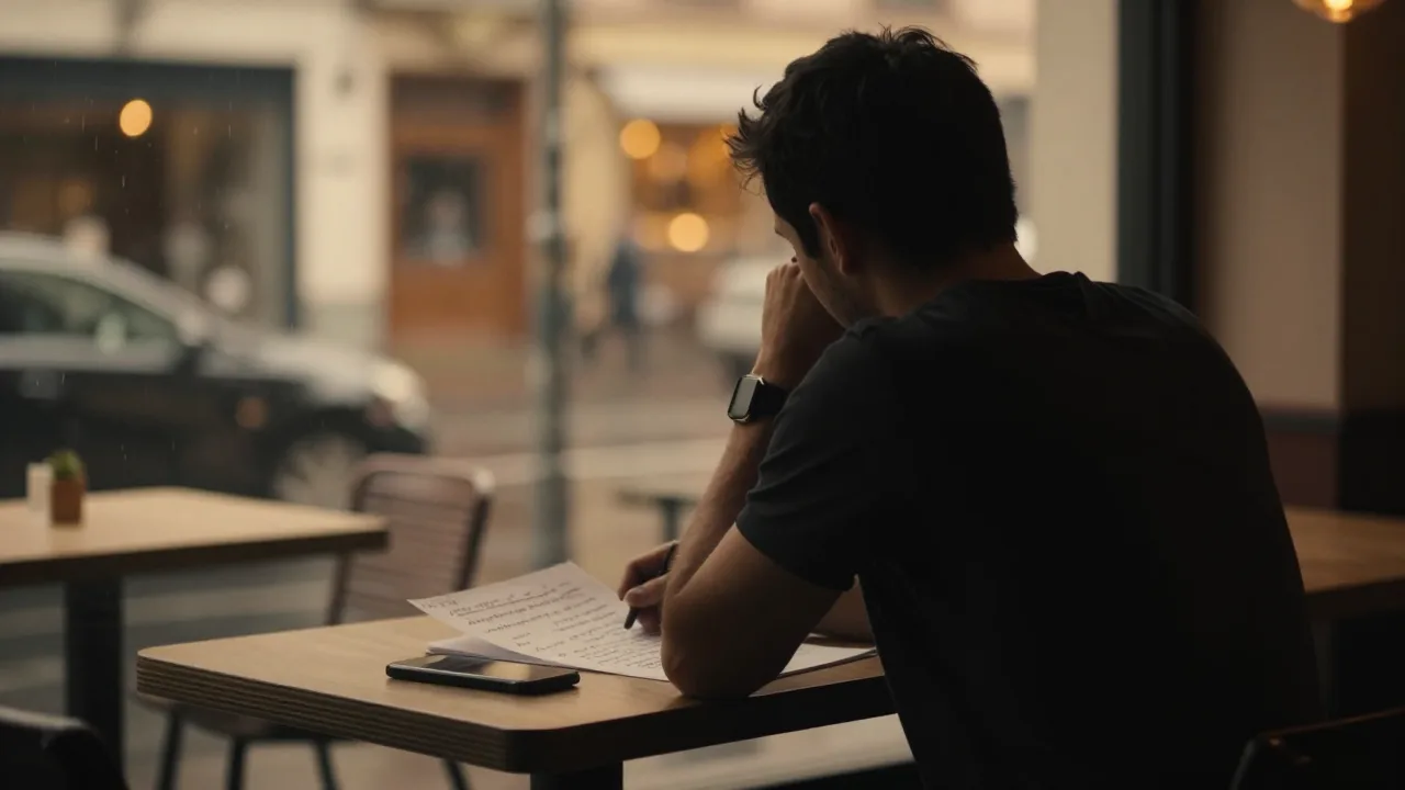 Silhouetted man reading dating notes in a dim city cafe