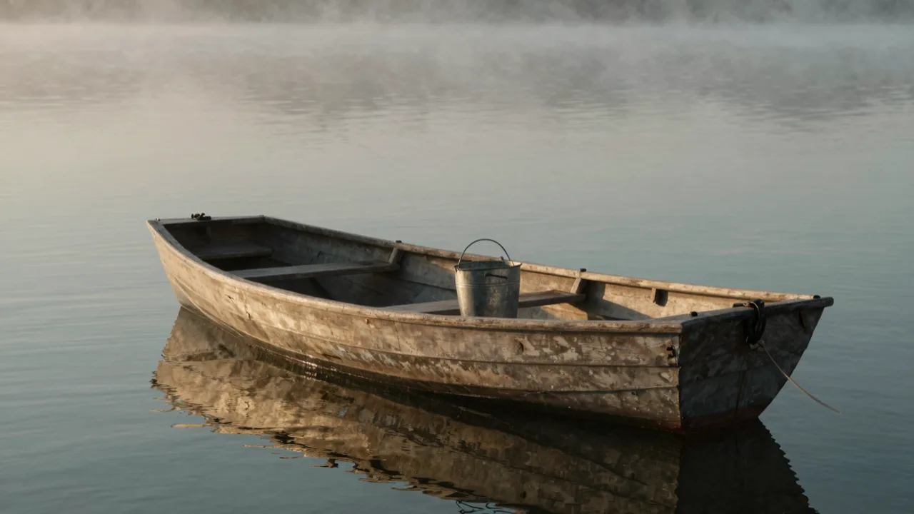 A weathered wooden rowboat on still grey water at dawn with a tin bucket on the bench