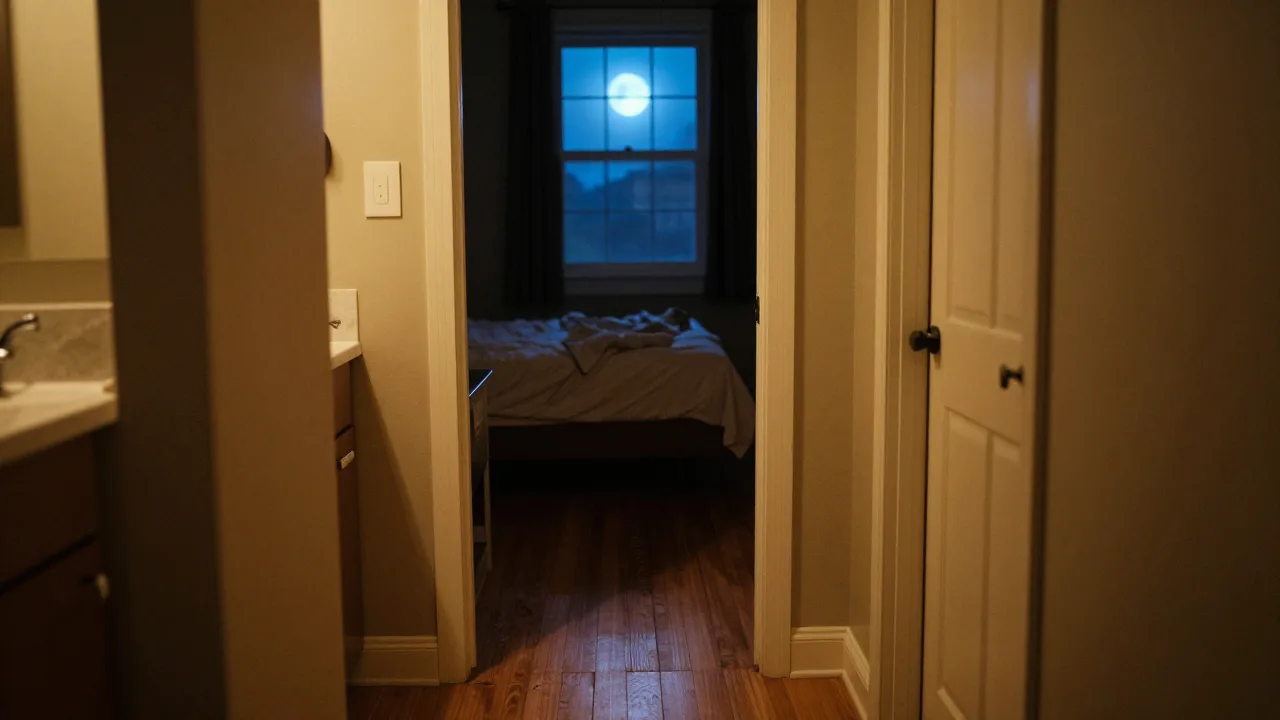 Empty night hallway lit by a half-open bathroom door